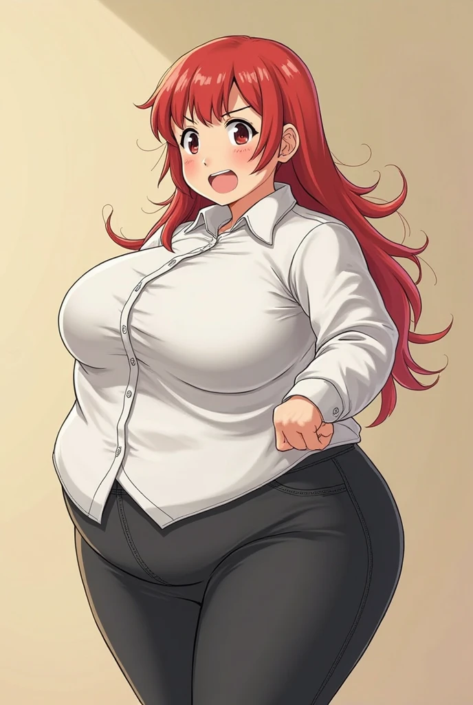 make redhaired ssbbw fat girl at home in too tight clothes she's holding a smartphone