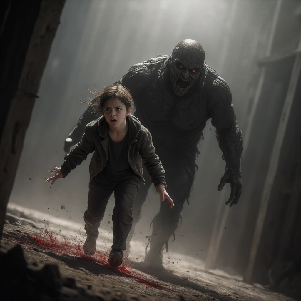 horror art, fear, highest quality, masterpiece, ultra high resolution, (realistic:1.4), 1 girl, Action shot of scared ghost chasing after the viewer, dynamic running, In the dilapidated underground tunnels of hell, Spooky, surprise, anxious, scared, 80mm, horror lighting, dynamic action、fog、 dark lighting, scaredアート, Poor quality, pool of blood、full of blood、Blooded、