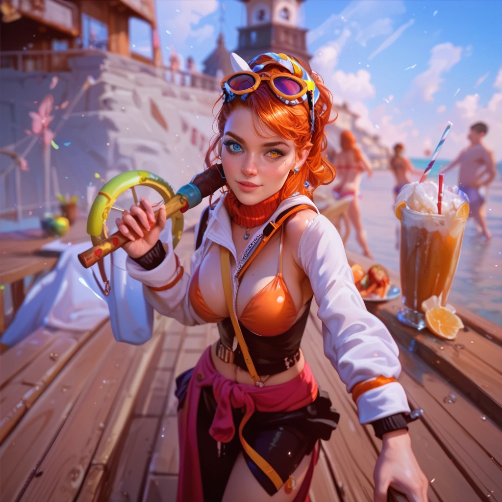 (realistic:1.5),1 girl,bianca,huge breasts, stockings ,4K ,8K, perfact face,blushing, blu eyes,red glasses, Crepuscular, sea, bright sun,sandals,beach,visor,corset,sea turtle,walking ,hair band,(wet skin), leaves, cloudy , big sun ,beach bar,