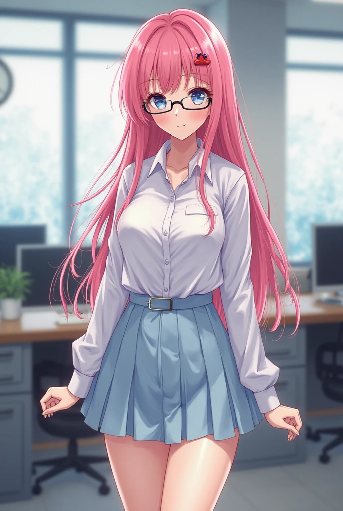 Masterpiece, highres, best quality, Keera, 1girl, pink hair, hair spread out, hair between eyes, very long hair, parted lips, pointy ear, purple eyes, ahoge, smile, looking at viewer, white shirt, office uniform, pleated skirt, stocking, smile, sexy pose, hands behind back, sitting, office, table, computer, window, indoor, id card,