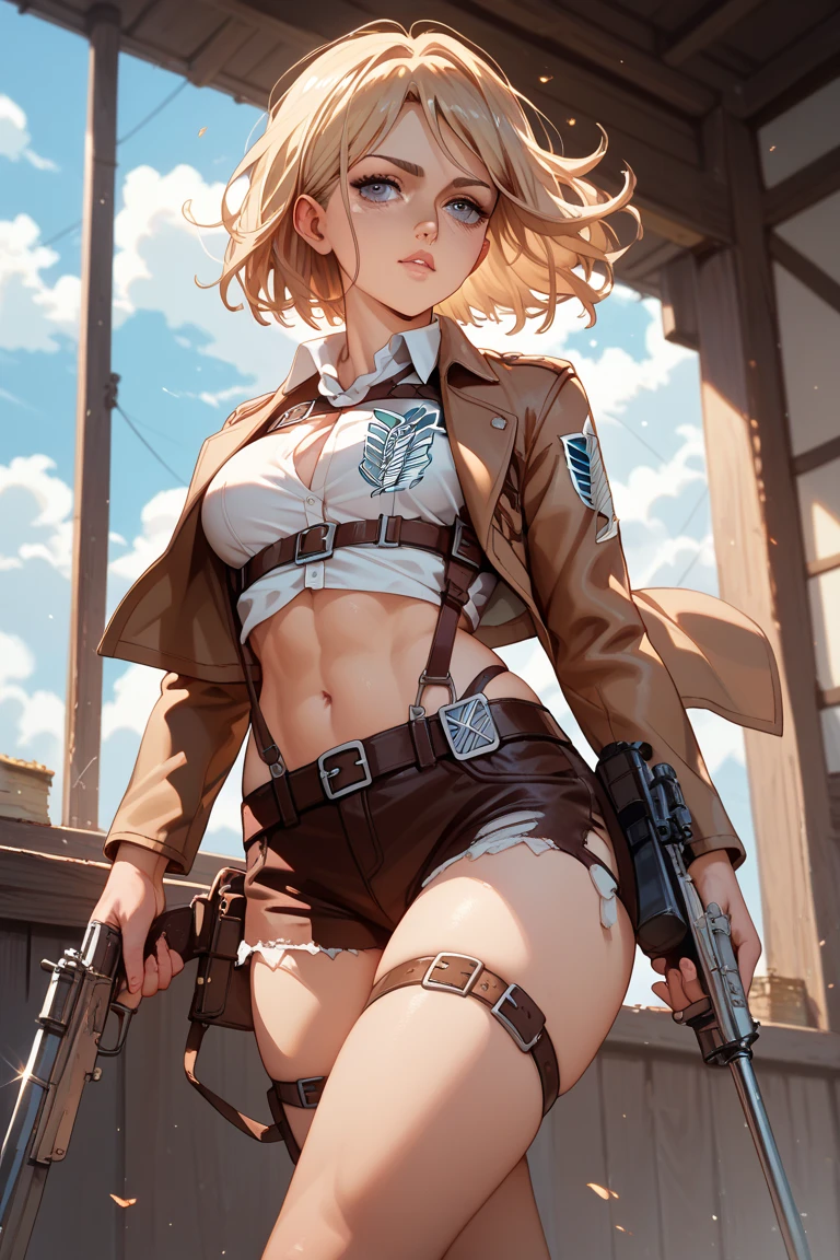 Historia, blond hair, medium breasts, belt, thigh strap, red scarf, black pants, brown jacket, holding weapon, sword, dual wielding, three-dimensional maneuver gear, topless, blood in face , in the city, stunning innocent symmetry face, the perfect body, Average Breasts, Slim waist, Slim legs, (high skin detail:1.4), deep Yellow eyes, upper body, chest exposed, focus on breasts, brown short jacket