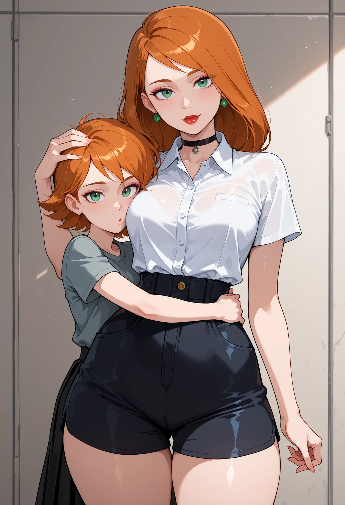 Kim Possible. ginger. medium hair. choker. green eyes. red lips. athletic body, narrow waist, small breasts, huge hips.| makeup, earrings, sexy, cowboy shot, looking at viewer, love, hug, standing straight, quality, mature woman and young boy.| No Bros. White Collared Open. Button. Short Sleeve. Black Skirt Shorts Tucked. Young boy Front head on breasts.