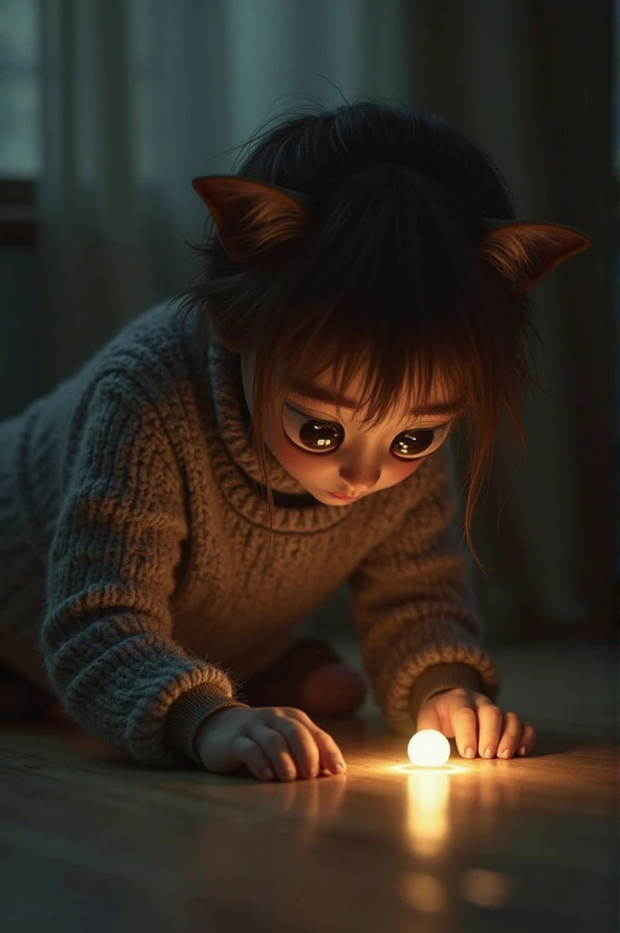 A worried looking ginger 18 year old girl kneeling on a large litter box fillwd with white gravel dressed in a realistic cat costume looking up at the viewer. Shot from above. Cleavage