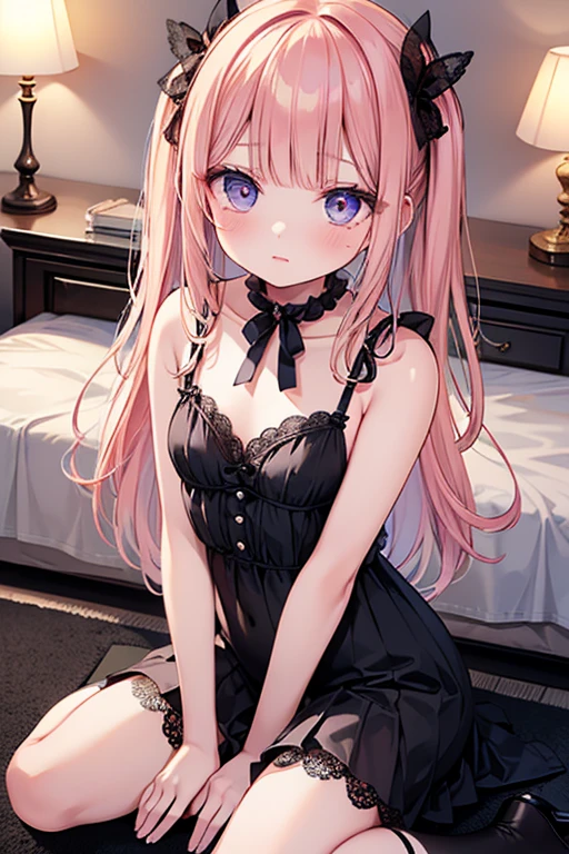 二次元美少女、黒いストッキング、薄い紫色の髪、紫色の瞳、、small breasts、bare breasts、uterus、nsfw、vaginal、woman on top、fishnet thighhighs、sweat、cum in pussy、low twintails、seductive smile、gothic lolita、spoken heart