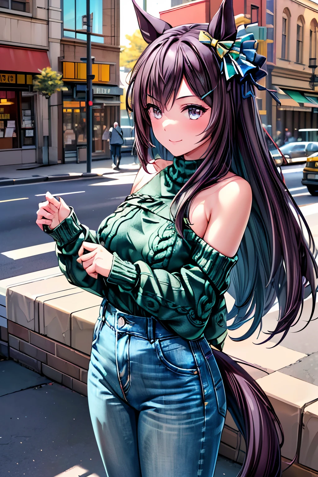 1girl, mejiro dober \(umamusume\),
((Elegant expressions:1.2), (smile, happy)),
break
((dark green knitted sweater : (off shoulder) + (Tight Fit)):1.3), ((white denim skinny pants:1.2)),
#((Sheer Black Pantyhose)),
(shiny black high heels),
break
((downtown:1.2), (Daytime cityscape), Soft Sunlight, Early spring scenery, (Fashionable stores line up), (bokeh lighting), Bewitching Cityscapes, spring vibes, Realistic Shadows, exquisite background ),
((standing figure, Graceful Poses)),
(motion blur, freeze-frame action, vivid colors),
(cowboy Shot:1.2),
(from front), (body across the bed at the camera),
break
(best quality), (master piece:1.3), (ultra detailed), (intricate details), (high resolution), (photorealistic), (anatomically correct), (4k), extremely detailed CG,