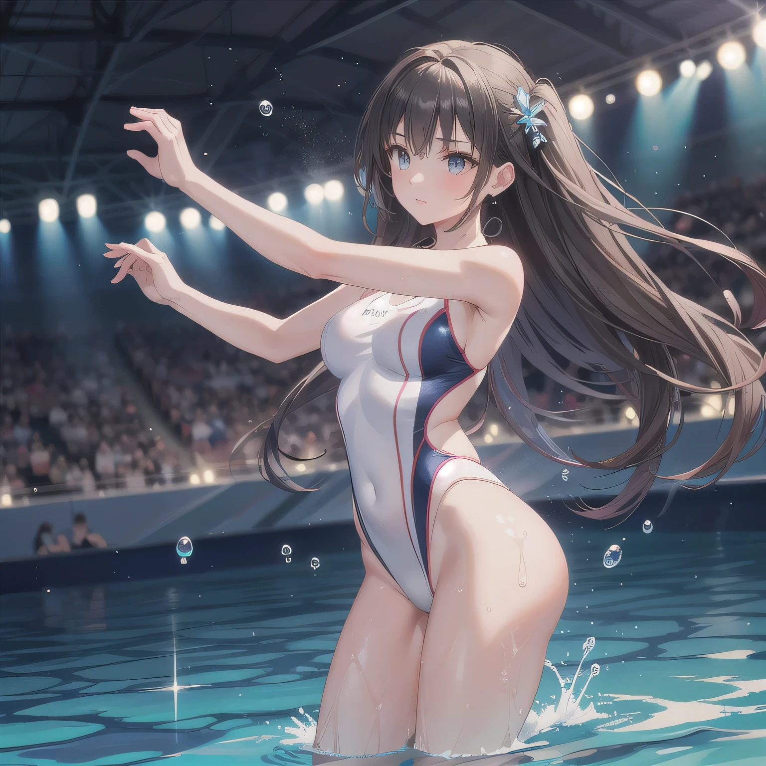 Highest quality、Complete limbs、Full Finger、Slender beauty、Straight Hair、Brown Hair、barefoot、Swimsuit、Small eyes、Wet texture、Beautiful big breasts、Swimming Stadium、Pool、Sexy pose、smile、((masterpiece,Highest quality)),Two Girls, Swimsuit, High leg,, Black Hair, Poolサイド, Day, Swimming Stadium, ,Tie-up hair, View your viewers, Recall, Multiple Girls, heart, Outdoor, Brown Hair, barefoot, stage, Are standing, Soaking wet, glamorous、Sexy pose