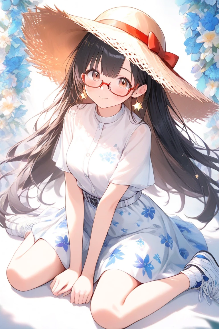 Highest quality、masterpiece、High sensitivity、High resolution、Detailed Description、Slender women、Glasses、Summer clothes、Sit down、Cross your legs、