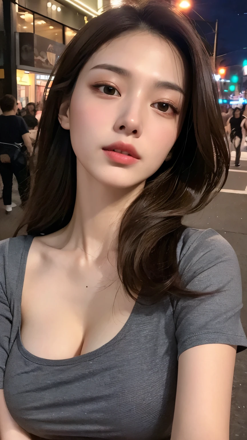 ((Highest quality, 8k, masterpiece :1.3)), whole body, Sharp focus :1.2, Beautiful woman with perfect figure :1.4, Slim Abs :1.2, ((Dark brown hair, Big Breasts :1.2)), Tank top dress :1.1, (neon, on the road:1.1), Highly detailed face and skin texture, Detailed eyes, double eyelid