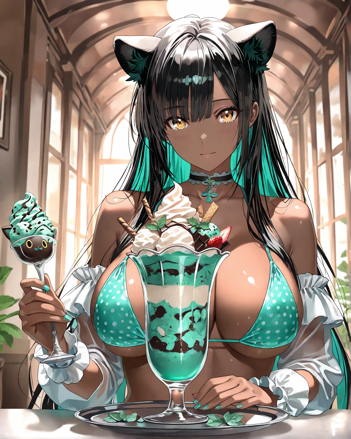 (junkotvv, cabello negro largo, orejas de gato, ojos rojos), masterpiece, best quality, highres, seraphine1, 1girl, solo, blue hair, k/da \(league of legends\), very long hair, multicolored hair, jewelry, ponytail, blue eyes, earrings, dress, black choker, two tom hair, purple hair, black thighs, bracelet, black skirt, crystal, large breasts, on stage, waving, nsfw, topless, (((micro-bikini)))), (((shy)), ((blush)), (((ahegao))), fans on the side, fan on stage, ((((drooling))), men surrounding, men pulling at her clothes, background screen displaying her on a large scale, (((asking for milk))), spitting, thick drool, holding mug, steam, sweaty,