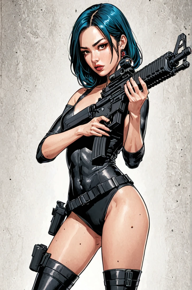 thick hips, thick thighs, platform high heels, high cut leotard, bandeau top, huge breast, thin waist, bob cut hair, weapon, tanned skin, gun, angry look, military camouflage, scream, thick body, fitness,
