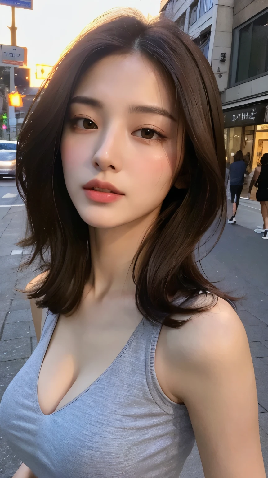 ((Best quality, 8k, Masterpiece: 1.3)), Sharp focus: 1.2, A beautiful woman with perfect body: 1.4, Slim abdomen: 1.2, ((Layered haircut, Large breasts: 1.2)), (no bra) (Small and beautiful hard nipple) (Thin and damp button up to shirt length: 1.1), (White shirt wet by rain), (Rain, Street: 1.2), Wet body: 1.1, Highly detailed face and skin texture,  Detailed eyes, Double eyelid, tanned skin, sexy, tan