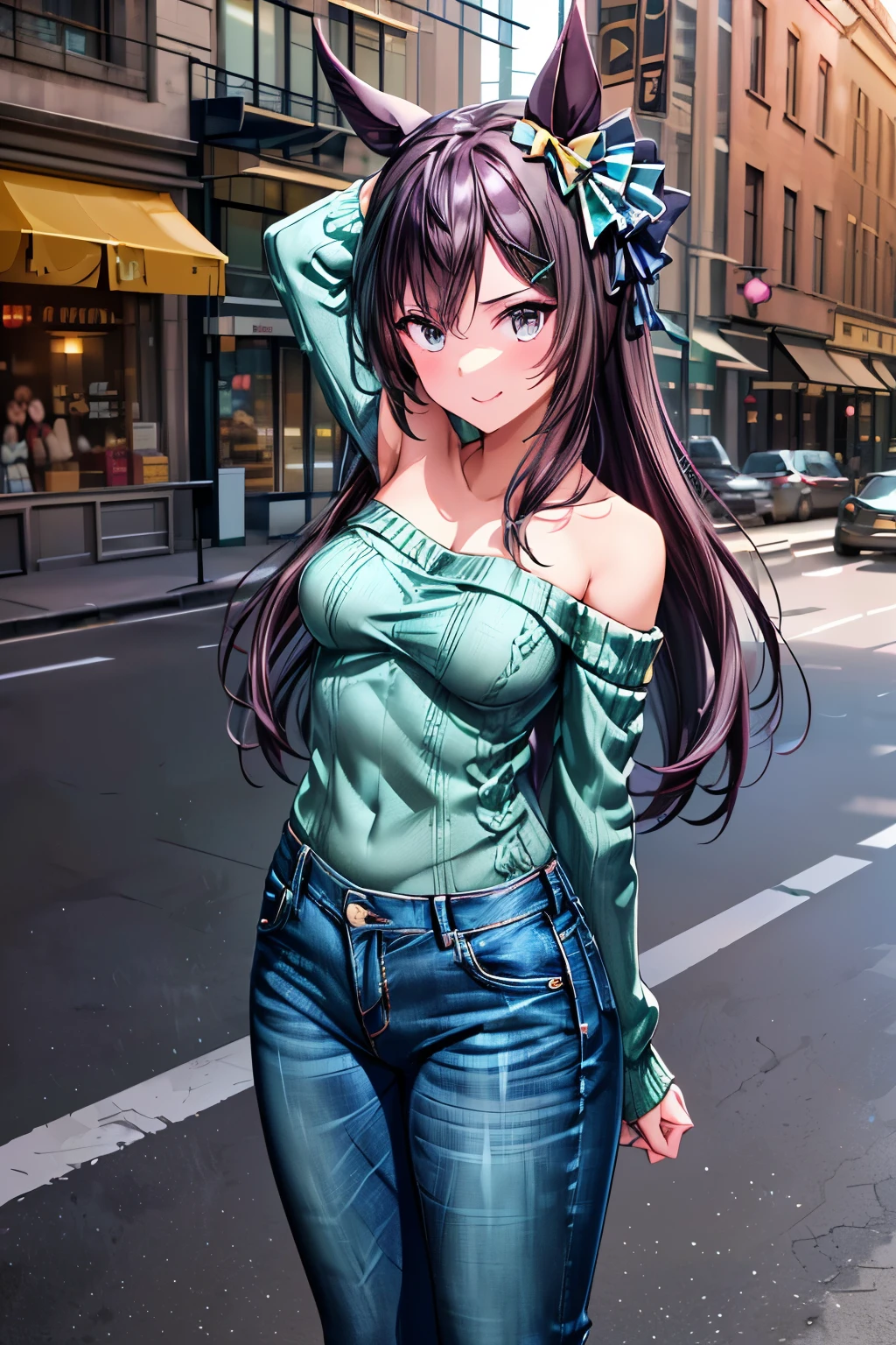 1girl, mejiro dober \(umamusume\),
(( surprised expression:1.2), (smile, happy)),
break
((dark green knitted sweater : (off shoulder) + (Tight Fit)):1.3), ((denim skinny pants:1.2)),
#((Sheer Black Pantyhose)),
(shiny black high heels),
break
((downtown:1.2), (Daytime cityscape), Soft Sunlight, Early spring scenery, (Fashionable stores line up), (bokeh lighting), Bewitching Cityscapes, spring vibes, Realistic Shadows, exquisite background ),
((standing figure, Surprise pose, arms up)),
(motion blur, freeze-frame action, vivid colors),
(cowboy Shot:1.2),
(from front), (body across the bed at the camera),
break
(best quality), (master piece:1.3), (ultra detailed), (intricate details), (high resolution), (photorealistic), (anatomically correct), (4k), extremely detailed CG,