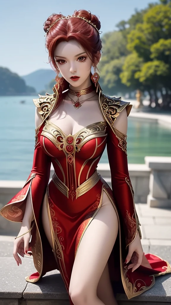 garden,Small bridge and flowing water,red phoenix woman,Flowing long red hair,Eichhornia,Present beauty,Elegant,Large Breasts,Present beauty的身材,Wearing a red phoenix costume,Sitting on the board,Solo Phoenix Guzheng.High resolution, masterpiece, best quality, high detail, Ultra high quality,