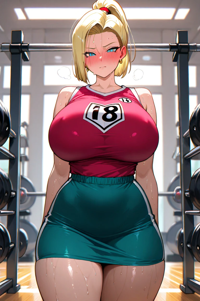 anime character with pink hair and bunny ears standing on a blue mat, thicc, bunny girl, cell shaded, in a gym, the bunny has pink fur, thicc build, pov furry art, oppai proportions, pink sneakers