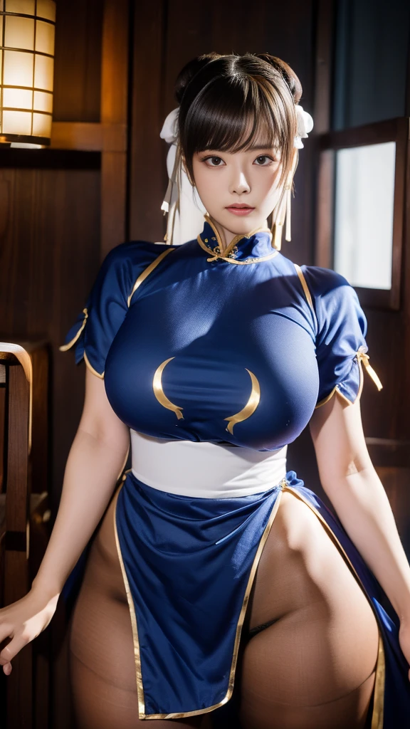 Chun-Li from Street Fight II,The perfect Chun-Li costume,Blue Chinese dress with gold lines,Bunhead,Good cover,whole body,ハイkick,kick、Please put your feet up,masterpiece、1 beautiful girl、fine grain、Puffy eyes、highest quality, 超High resolution, (reality: 1.4), Cinema Lighting、so beautiful、Beautiful Skin、(超reality的な)、(High resolution)、(8k)、(Very detailed)、(美しくfine grain)、(Very detailed)、 (wall-)、Detailed face、Bright lighting、Professional Lighting、Diagonal Bangster Piece, highest quality, masterpiece, highest quality, Perfect Face, Perfect brown eyes with white sclera, Bad move - 5, alone, 1 girl, Brown Hair, From SF2, Chinese Language Services, smile, Muscular woman, Blue clothes, pantyhose, Pelvic Curtain, Puffy short sleeves, Good cover, sash, evaluation:safety{best quality}, {very aesthetic}, {ultra-detailed}, {best illustration}, nsfw, woman,30 years old, big boob, brown hair, gravure, ecstatic, squatting, spread legs, knees away, folded ponytail, large breasts, (bare navel:1.2), sweat, blush, low angle, looking at viewer, grabbing another’s breast, high heels,