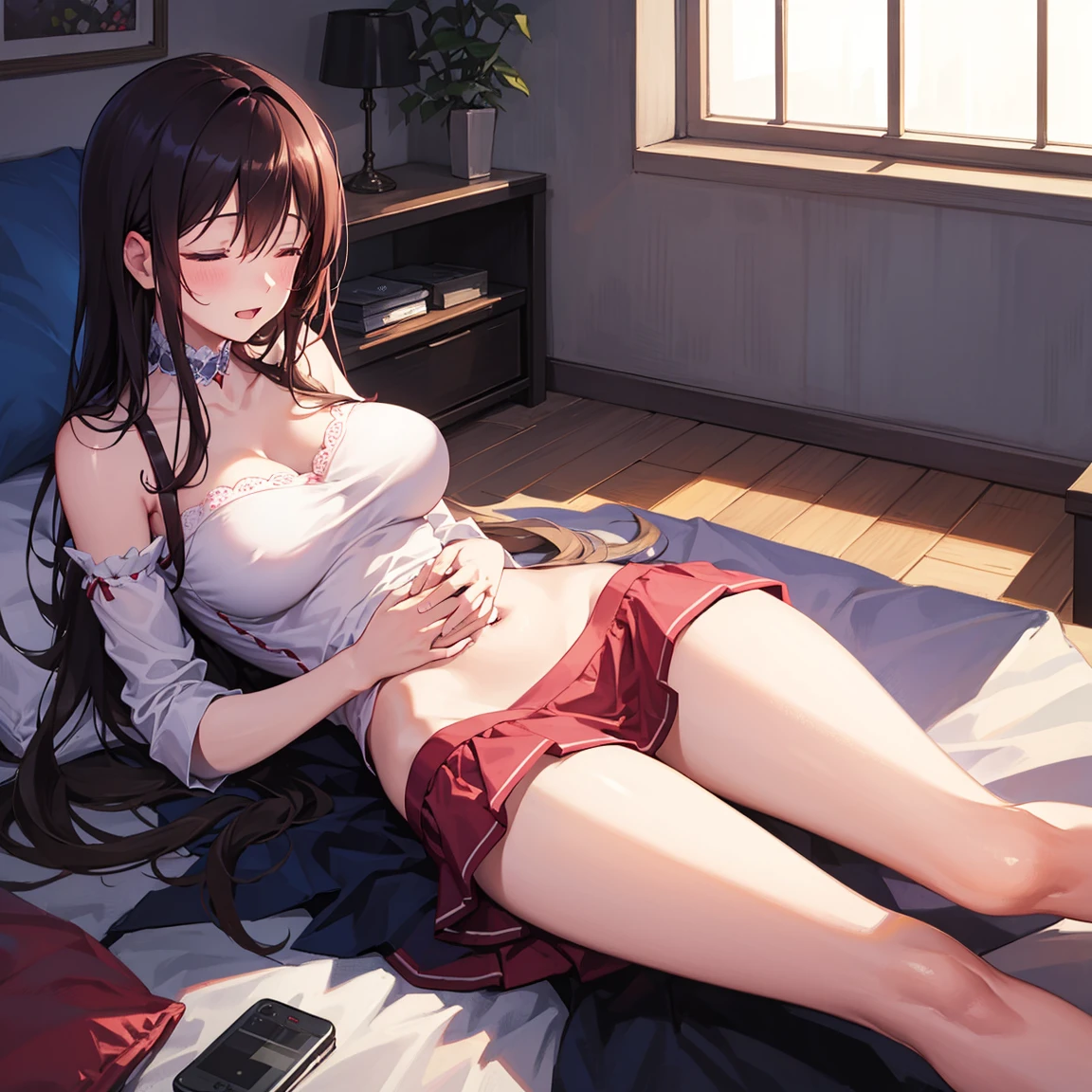(masutepiece,Best Quality,8K),(extremely detailed CG1.1),1 girl,Smile,large boob,livingroom,(From below:1.2),Summer light,Intricate details , Hyper realistic, Perfect Anatomy,A dark-haired,Red Eyes,(((Forehead))),Permed hair with wavy hair,(((length hair))),Hair over one eye,hair slicked back,Light blue hoodie,Standing,Full body