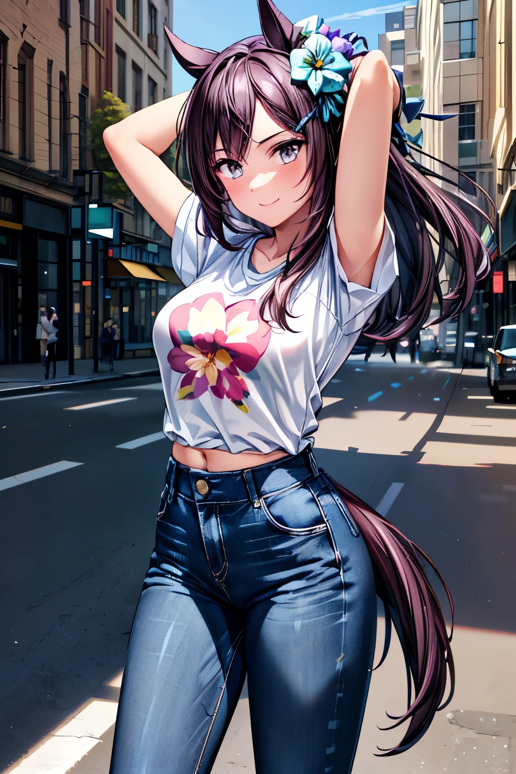 1girl, mejiro dober \(umamusume\),
(( surprised expression:1.2), (smile, happy)),
break
((black t-shirt : (Floral) + (Tight Fit)):1.3), ((denim skinny pants:1.2)),
#((Sheer Black Pantyhose)),
(shiny black high heels),
break
((downtown:1.2), (Daytime cityscape), Soft Sunlight, Early spring scenery, (Fashionable stores line up), (bokeh lighting), Bewitching Cityscapes, spring vibes, Realistic Shadows, exquisite background ),
((standing figure, Surprise pose, arms up)),
(motion blur, freeze-frame action, vivid colors),
(cowboy Shot:1.2),
(from front), (body across the bed at the camera),
break
(best quality), (master piece:1.3), (ultra detailed), (intricate details), (high resolution), (photorealistic), (anatomically correct), (4k), extremely detailed CG,
