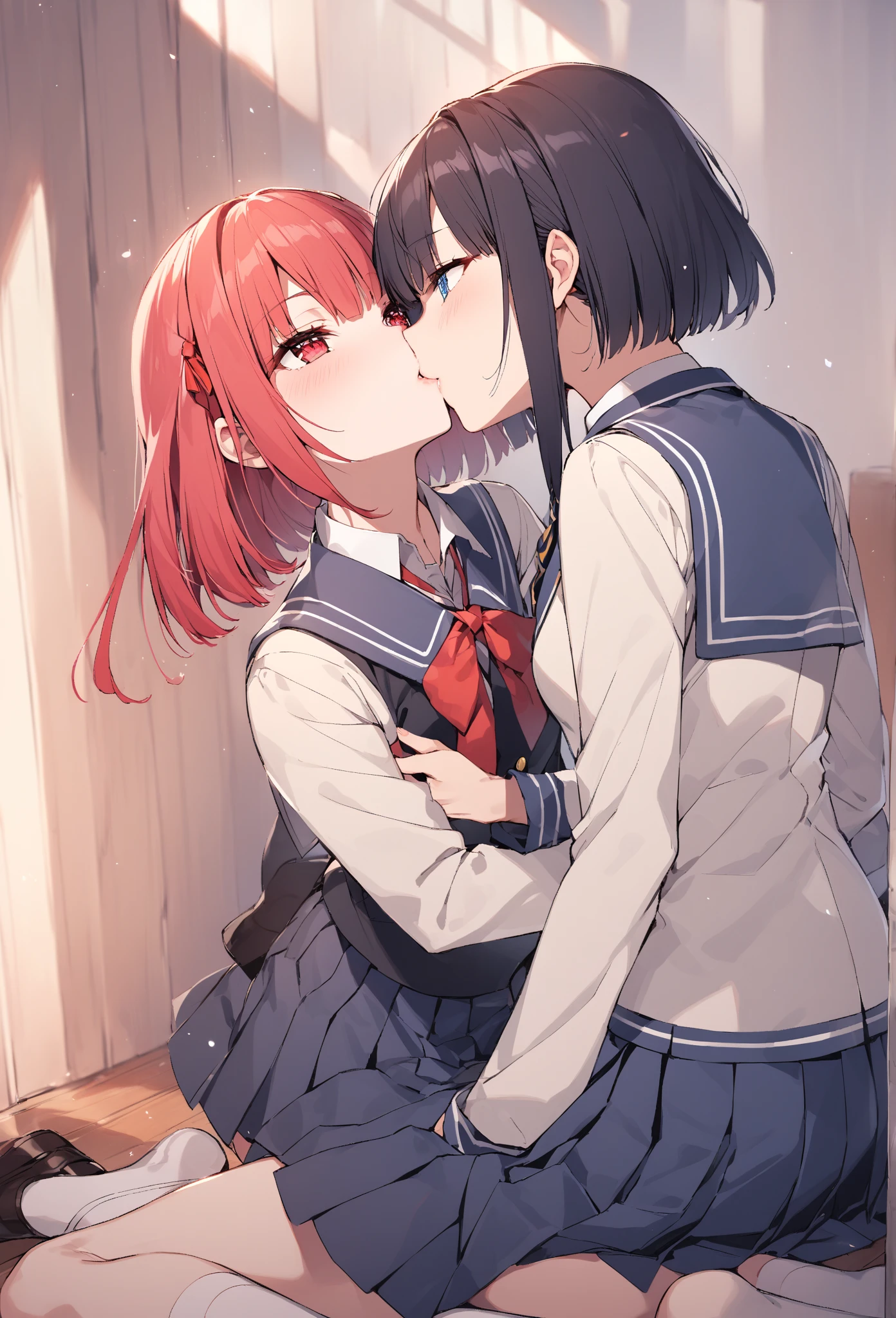tmasterpiece, hiquality, detailing, school classroom, 2 girls, the kiss, French kiss, Erotic hugs,