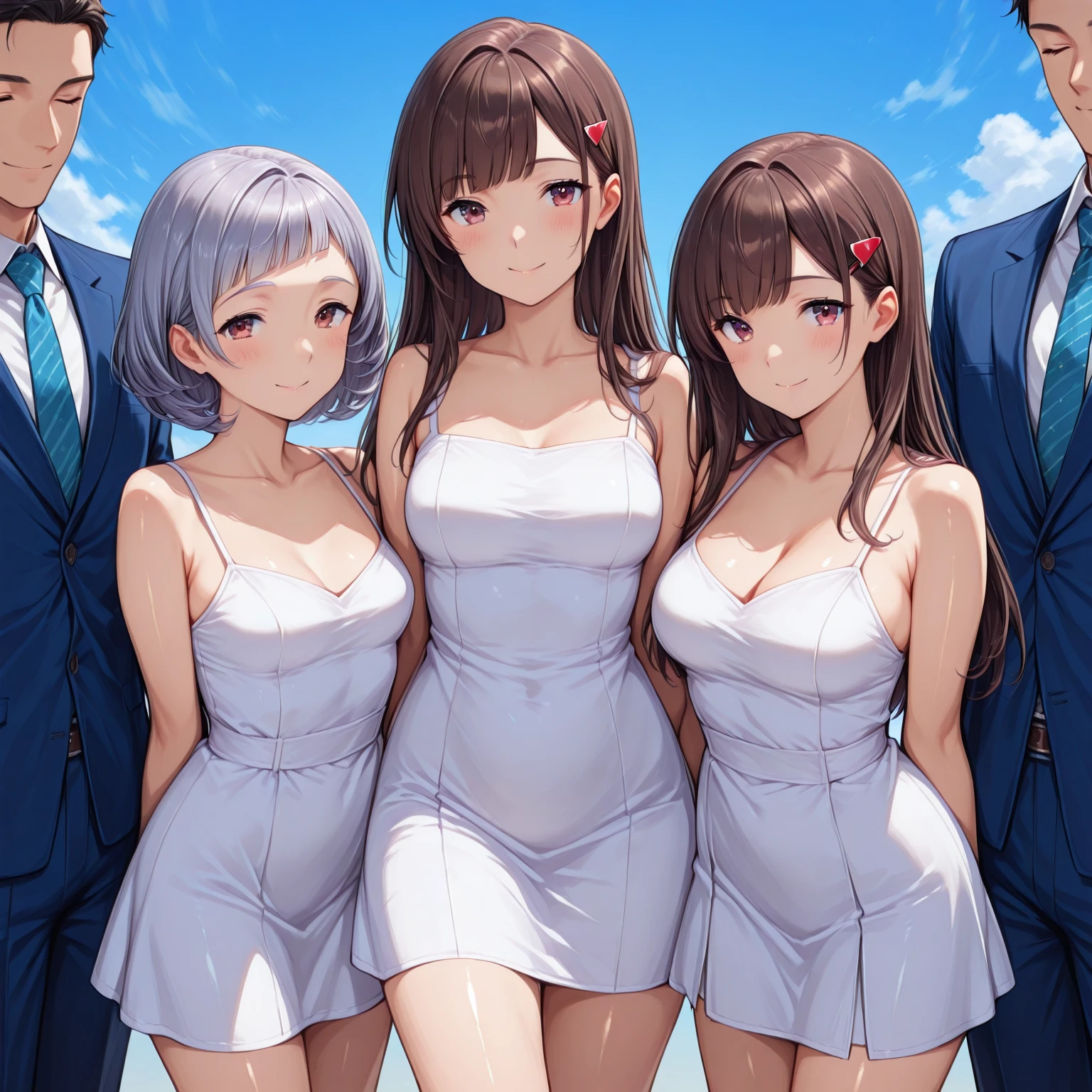 detaileds、Top image quality、(Three high school girls of the same height wearing dark blue pleated are lined up on the train).、((large boobs))、cleavage of the breast、Emphasize、s ass、White panty、T-back、Futomo、A dark-haired、low angles、((Too big))、White shirt、The body is in close contact、perspiring、agitation、lascivious、Nasty smile、