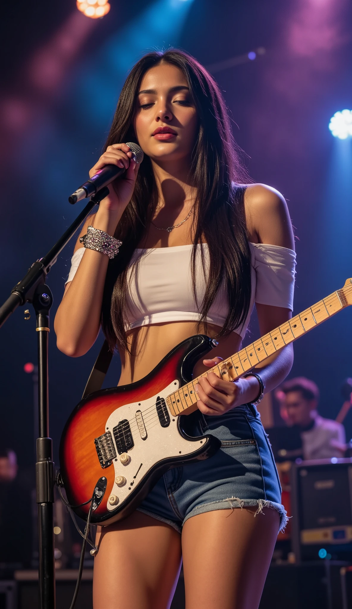 1girl, black hair, bracelet, breasts, closed eyes, concert, crop top, dark-skinned female, dark skin, denim, electric guitar, guitar, instrument, jewelry, lips, long hair, microphone, microphone stand, midriff, music, necklace, off-shoulder shirt, off shoulder, playing instrument, realistic, shirt, shorts, singing, solo, stage lights