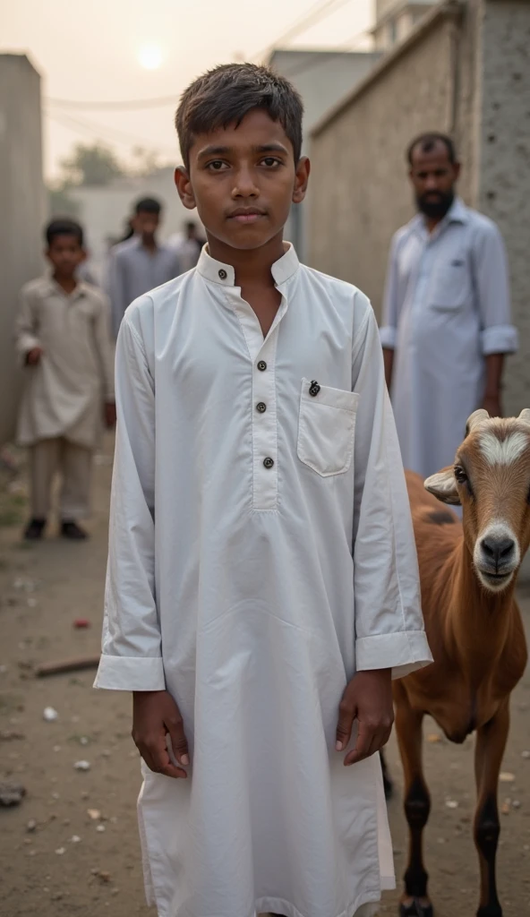 A muslim boy holding goat in hands with a wire and looking front wishing Eid ul adha Mubarak 