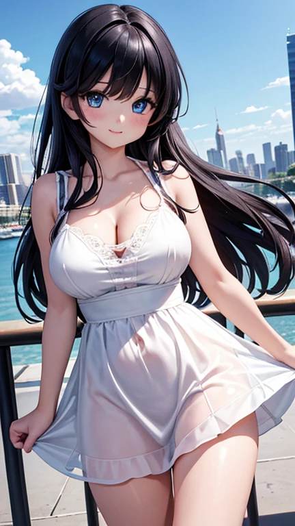 girl, solo, face of disgust, black hair, blue eyes, looking at viewer, sitting, nude, naked, ((nipple)), ((breasts milk)), large breast, showing breasts, pussy, cum on body, sweated, cum in pussy, smile