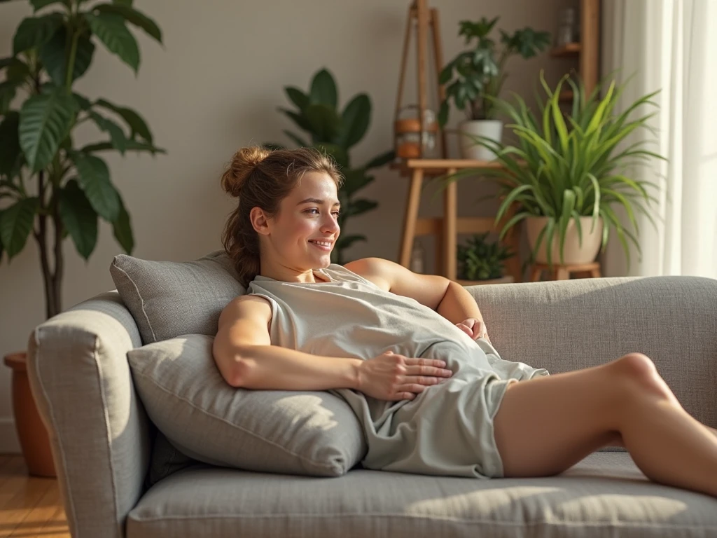 1girl, full mature body, laying on bed, smiling, indoors. soft lighting, plants in background, window with sunlight, cozy room, relaxed pose, realistic, intricate details, warm colors, whatsapp image, facebook image