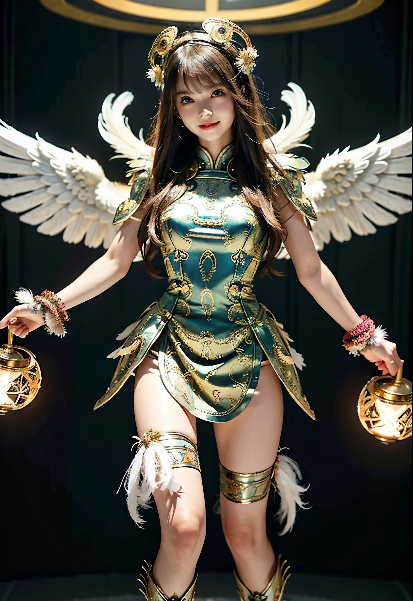 (masterpiece、highest quality、Realistic photos)、Very cute Japan woman、(Brown Skin:1.4)、Intricate copper and brass machined armor with a skull motif.、Bat Wings、White Tone、Blue accents、feet、Very intricate details、Posing on the medieval walls at sunset、Full Body Shot、Minimum 4 or more generated