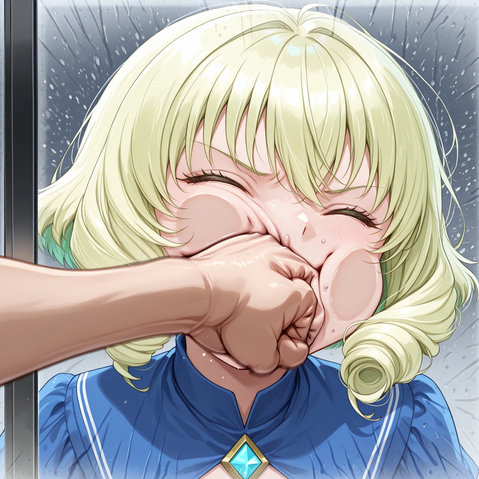 {Highest quality}. {so beautiful}. {Super detailed}, {Best illustrations}, Browsing Caution、((Half open your eyes))、Big penis、blush,anger、nude、A woman drooling after having urine splashed on her face、Face sitting、((女性がBig penisを顔に押し付ける))、Completely naked、Big penis、Small breasts、Confused Eyes、anger、angerった顔、Glare、Baby Face、semen、shame、White skin、Focus on the face、Blonde、Green Eyes、short hair、Public toilet