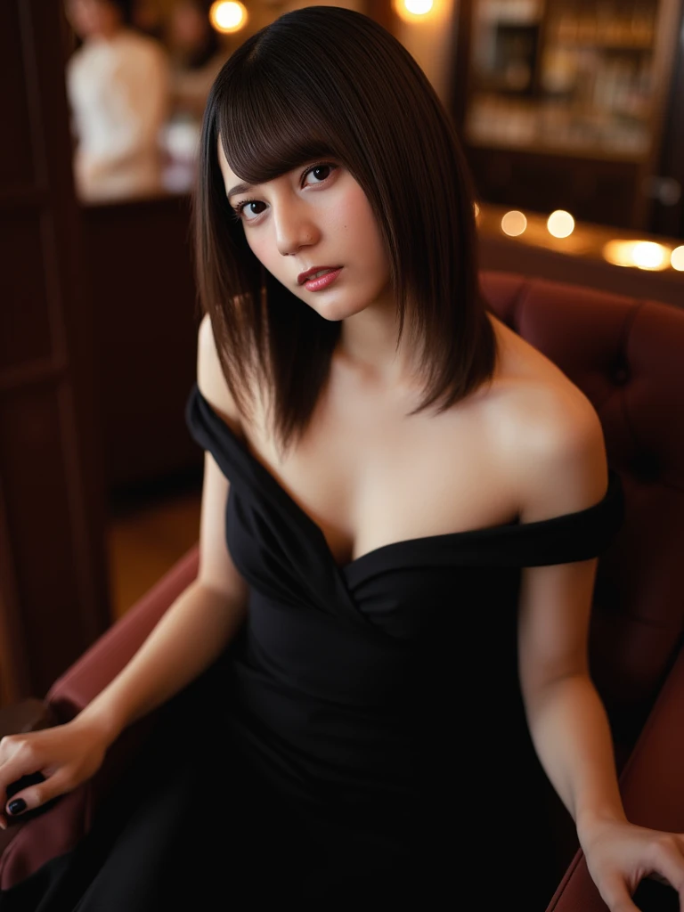 ((High-resolution RAW photography of a Japanese woman in Elegant Standing Pose, luxurious hotel lobby. Bust 65cm, underbust 50cm, waist 62cm. Wearing sophisticated evening dress. Black, straight, long hair. Poised, graceful expression. Sophisticated, upscale hotel lobby. Photorealistic light and shadow.))