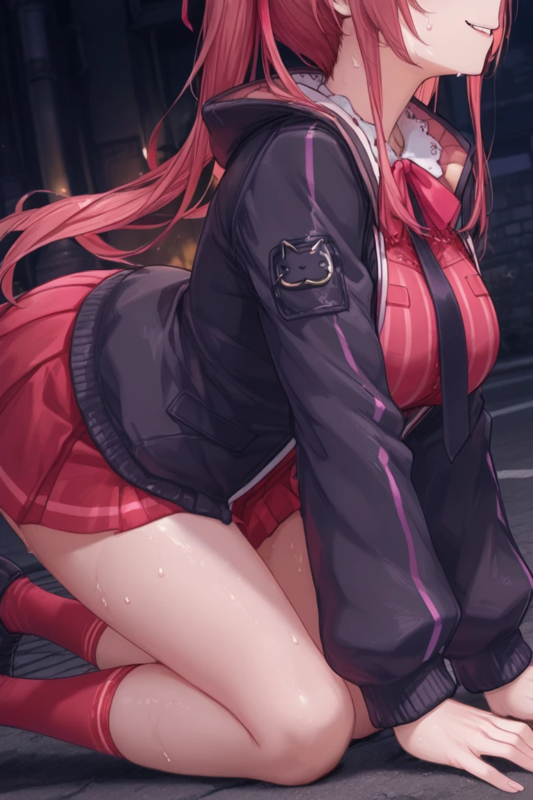 score_9, score_8_up, score_7_up, source_anime, rating_explicit, mature woman, 2 man, long intense red hair long hair, red lipstick, red bra, black jacket, bored, sex, in alley, leaning against the wall, night, lying in a table