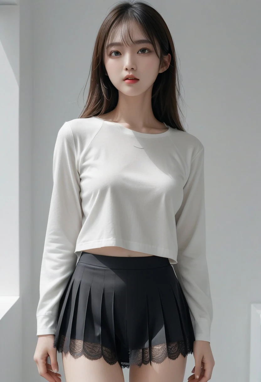 best qualtiy,tmasterpiece,超高分辨率,(真实感:1.4),RAW photogr,cold light,1girll, Nice face,(Slim,Raised sexy),ssmile,cabelos preto e longos,hair adornments,(slender leg), (White sweatshirt,Pink pleated skirt,white legwear,White sneakers),Beautiful teenage girl,Beautiful goddess,Detailed scenes, Picturesque, Beautiful teenage girl,Beautiful goddess,Detailed scenes, Beautiful digital illustration, the detail,Hyper-detailed, Cinematic quality, (Beauty and aesthetics,big breasts beautiful),cropped shoulders,Bare chest,The chest is large,High ponytail,ssmile,Full body photo