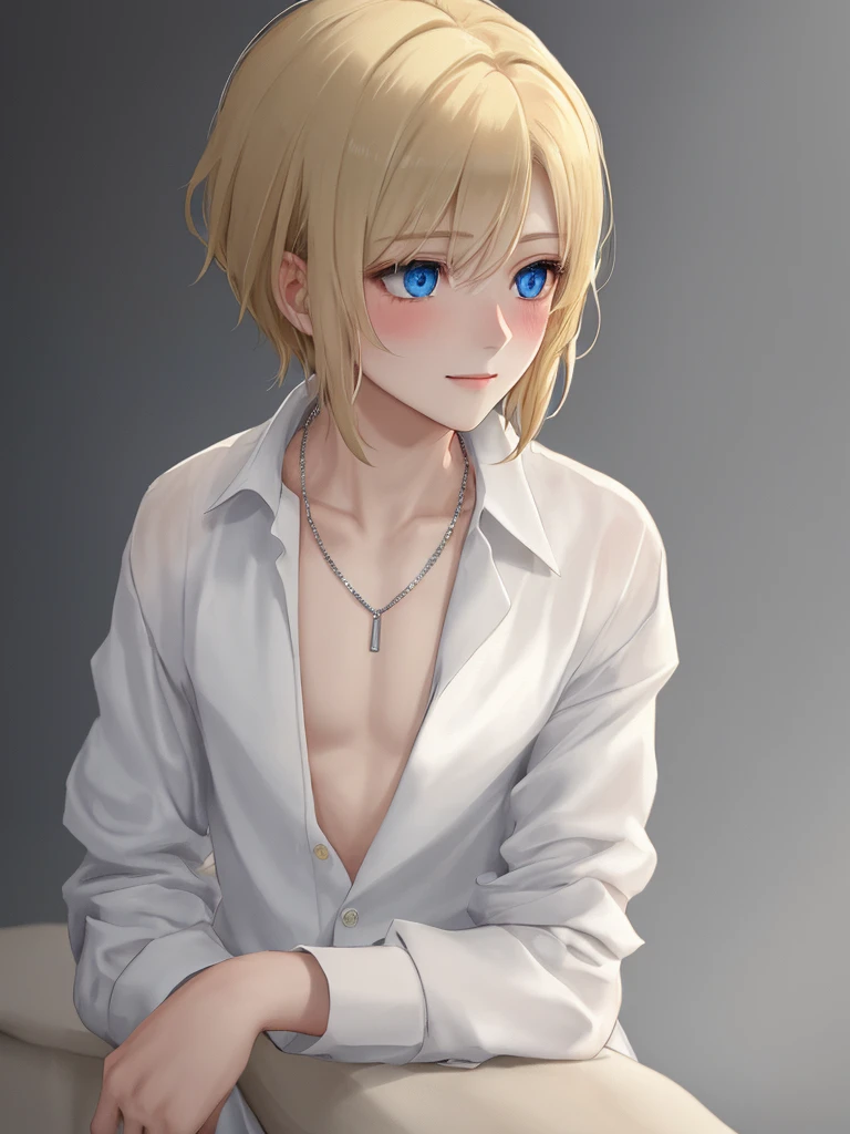 (best quality), 1boy, male, tanned skin, blonde hair, short hair, side bangs, beautiful hairstyle, blue eyes, perfect eyes, white cropped cardigan, blue shirt, skinny jeans, choker, mboy, slender, handsome, attractive, skinny body, masterpiece, anatomically correct, highres