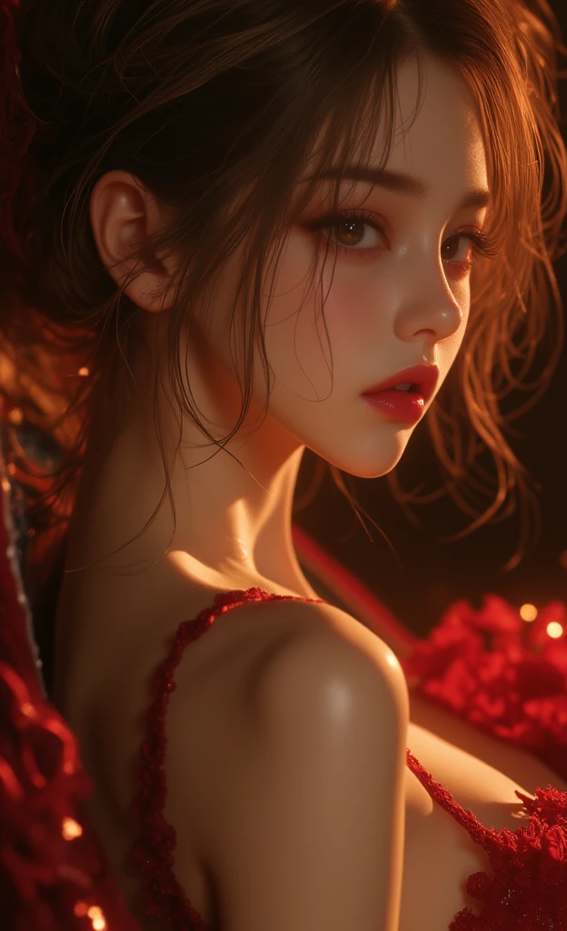 ((Best quality, 8k, Masterpiece : 1.3)), upper bod y, Sharp focus:1.2, Beautiful woman with perfe ct figure, Highly detailed facial and skin textur e, Detailed eyes, Double eyelids, Interior view, f erpect lighting, Glowing skin,