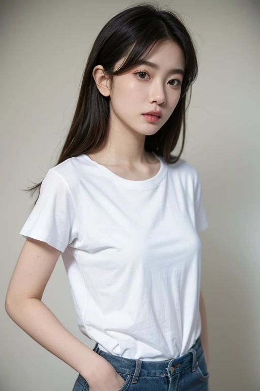 Highest quality、masterpiece、Ultra-high resolution、(Realism:1.4)、 1 person、In a pale background、Deep Shadow、Low Key、Shortcuts、Upper Body、sex appeal、Wearing a thick T-shirt、Cosmetic CM