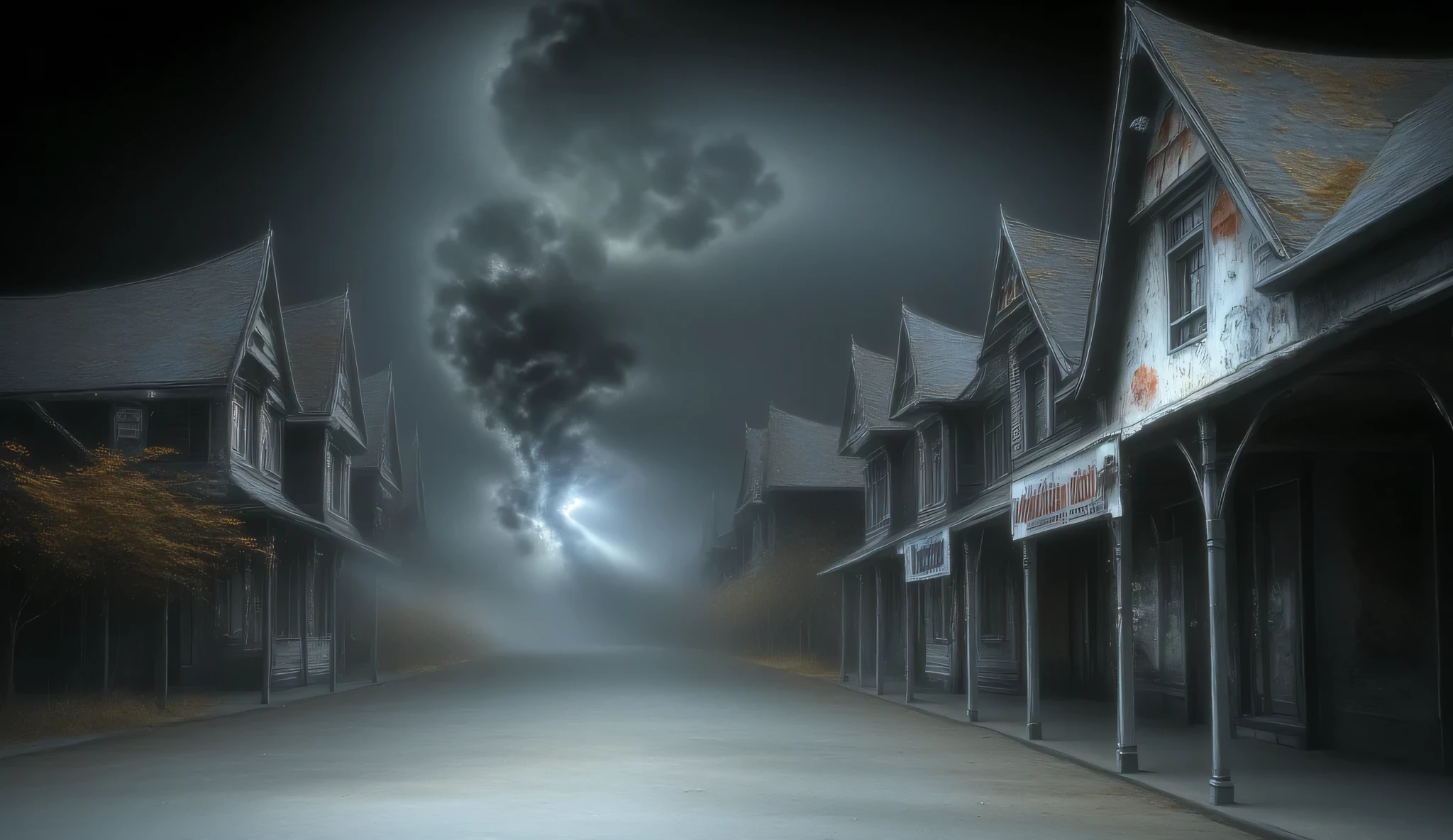 Nightmare, an abandoned town in the style of Silent Hill, darkness, fog, no light, spooky, lifeless, abandonment, liminal street background, dark surrealism, high detail, masterpiece.