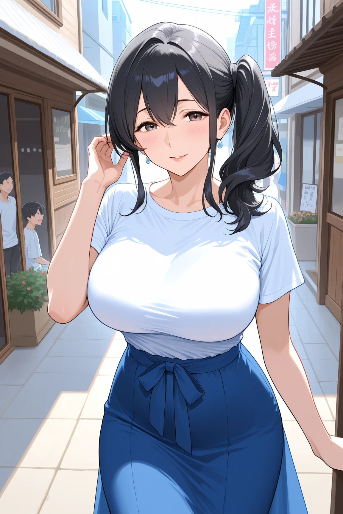 1girl, cute, smile, romantic, clear face, High definition, short hair girl with white shirts and black skirts, 2 shirts button open, Beautiful hair, dark blue hair, ponytail, big bust, street, town, Tokyo, night