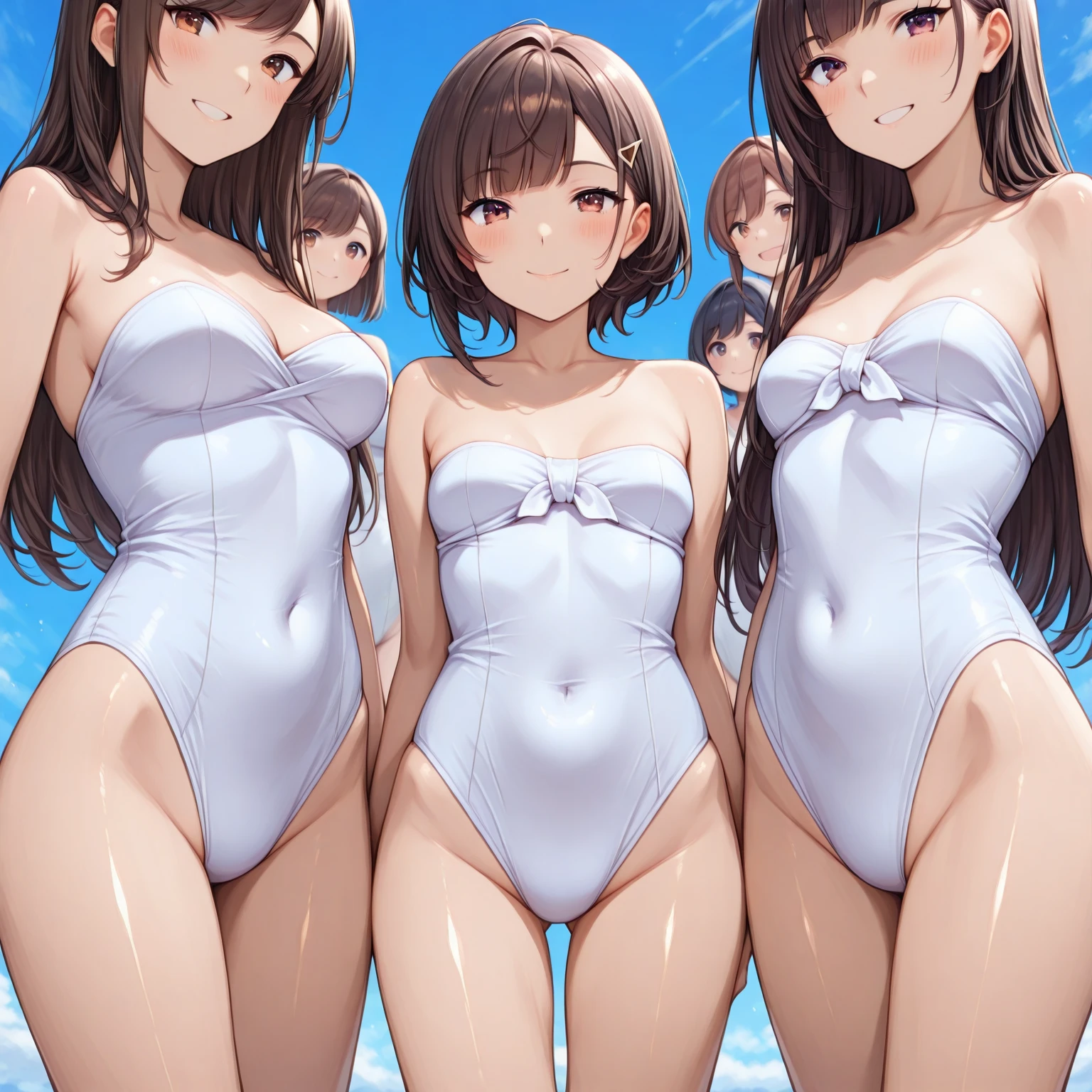 ((full body)),(masterpiece, best quality), (2 girls1.5) ,((Contrapposto:1.5)), looking at viewer, walking,((v_arms:1.2)), （wearing gymnastics_longsleeves_leotard_outfit leotard:1.3),(pink leotard) ,(floral print leotard:1.3),{{wearing gym suit:1.3 }}, BREAK masterpiece black hair, ((long hair:1.2)), ((parted bangs:1.3)), black eyes, good hand, ((small breasts)), (over 20 years old, under 25 years old:1.2), , spotlight, happy, smile, BREAK white background