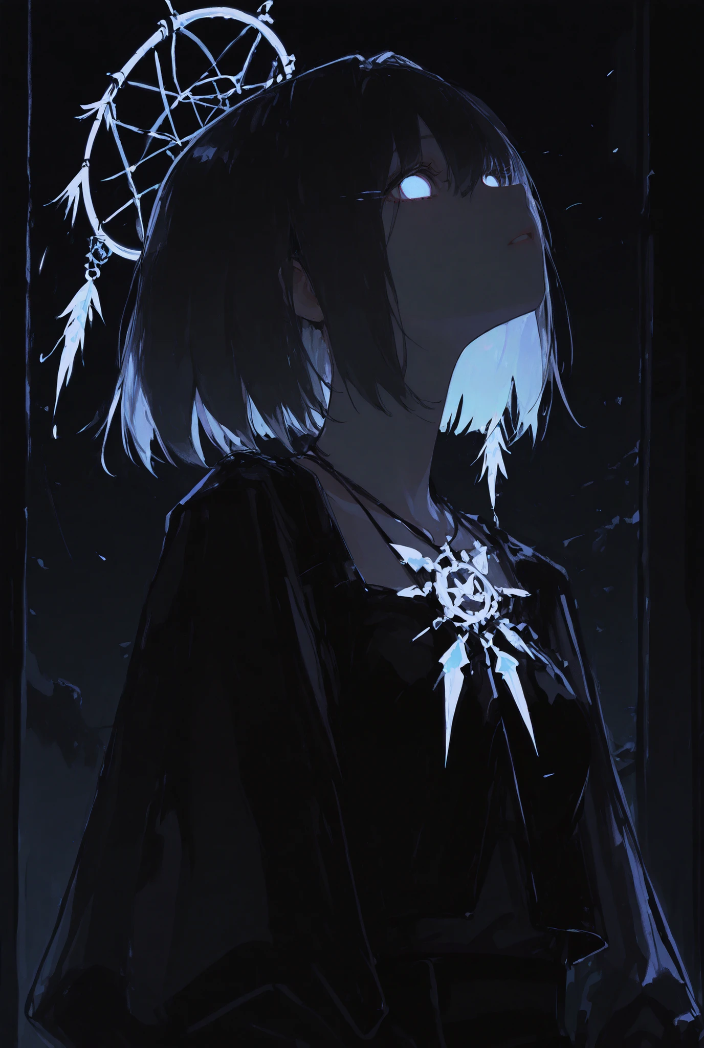 1girl,short hair, nightmare, dreamcatcher, upperbody, dark, night, low light, glowing eyes, gothic, masterpiece , best quality , good quality , highres , absurdres