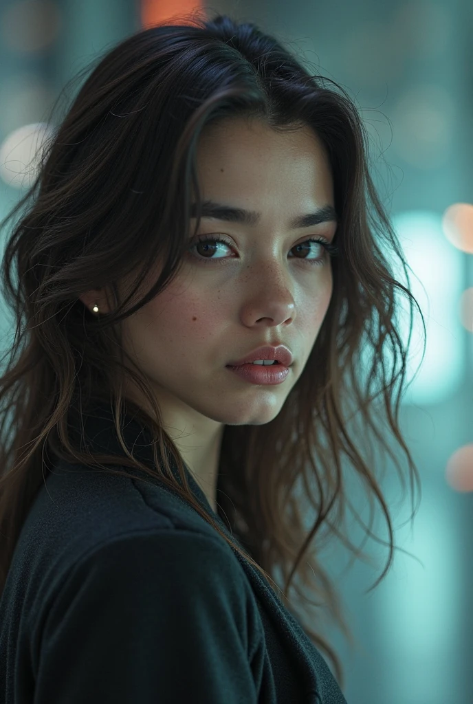 Jessica Henwick, black jacket, blue t-shirt, blue tight skirt, black leggings, beautiful detailed eyes, beautiful detailed lips, extremely detailed eyes and face, long eyelashes, photorealistic, 8k, hyper realistic, masterpiece, cinematic lighting, dramatic lighting, high fashion, editorial, moody, dramatic, elegant, fashion photography, natural skin tones, cinematic color palette, chiaroscuro lighting