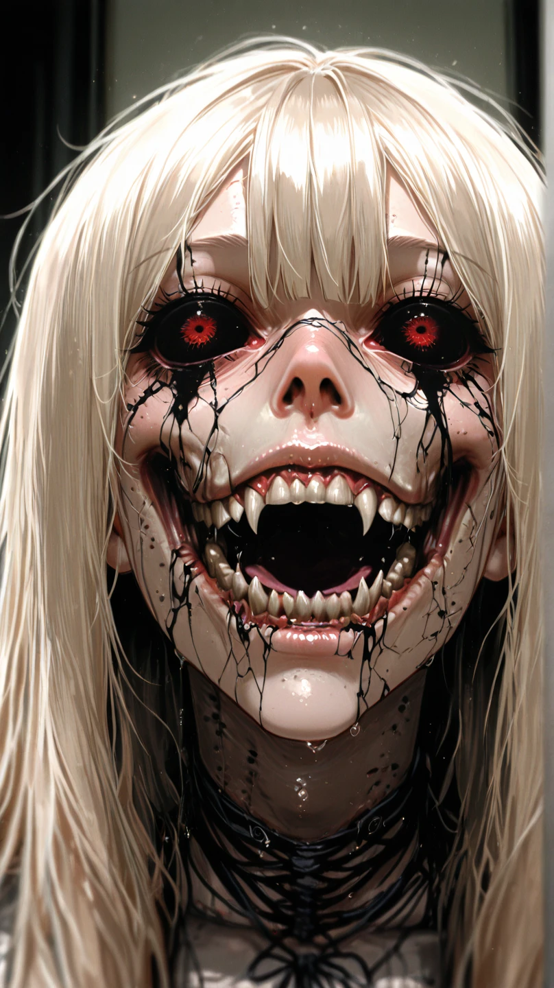  (age 25) a psychotic psyco ex girlfriend  (crazy makeup, long messy hair, strappy tattered lingerie, curved lips, smile teeth showing, vibrant enlarged pupils crazy eyes, eyelids fully opened, blood spattered bedroom, blood splattered over body, bood splattered on lingerie, 