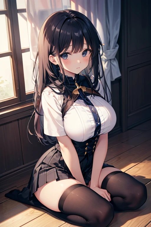 (masterpiece:1.2, highest quality), (realistic, photorealistic:1.4), (natural side lighting, movie lighting), looking at the viewer, 1 girl, Japanese, 25 years old, perfect face, perfect body, ((Cute symmetrical face)), shiny skin, long hair, straight hair, sideburns, hair intake, blonde, (medium breasts), thin, beautiful hair, beautiful face, detailed and beautiful eyes, beautiful clavicle, beautiful body, beautiful thighs, beautiful feet, (beautiful toes)、medium long skirt, white jacket、(cute smile), ((black high heels、stiletto heels)), (Stand upright with one foot in front of the other), face focus, full body figure)、put your hands on your hips、standing on tiptoe looking outside、Camera shooting from the feet、black stockings