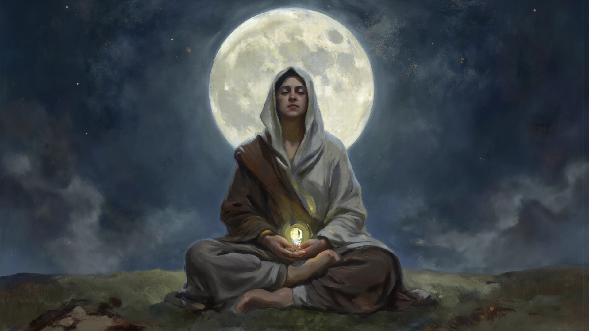 RAW, (masterpiece), (best quality), (photorealistic quality), (detail quality), ((1girl)), evocative photo where a majestic mountain rises above vast eastern plains, with the soft light of the full moon bathing the scene. (At the top of this mountain, a 40-year-old nun is peacefully meditating on a rock, seen from the back: 1.3). Her black hair is elegantly tied back, while the moonlight illuminates her inner and outer beauty. (The silver luminosity of the full moon creates a palette of magical tones, highlighting the figure of the nun and transforming the plain into a dream scenario). (ultra realistic skin details), (skin texture), (Her slender body with toned muscles is enhanced by the moonlight, which softly outlines her contours and highlights her serenity:1.2). The atmosphere of calm and introspection, conveying the nun's deep connection with nature and spirituality. (Highlight the moon's luminosity), (better quality), fine details), (the beauty of the scene and the contours of the nun's body from the back), (giant ass),(realistic ass detail:1.2), inviting the viewer to share this experience of contemplation and serenity in the midst of the grandeur of the nocturnal landscape.
