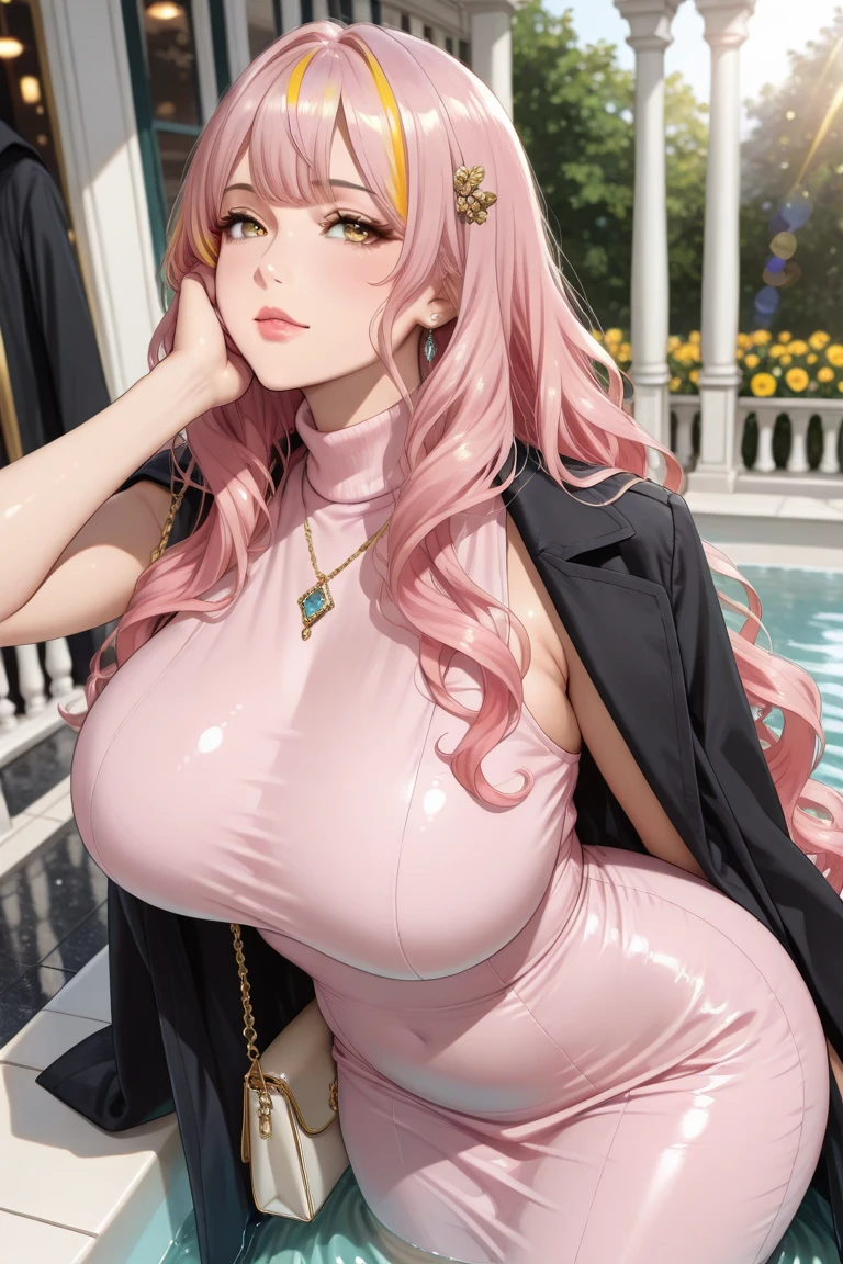 (Masterpiece, BestQuality:1.3), (ultra detailed:1.2), (hyperrealistic:1.3), (RAW photo:1.2), High detail RAW color photo, professional photograph, (Photorealistic:1.4), (realistic:1.4), (Pink Hair:1.5), professional lighting, perfect anatomy, (Big Breasts:1.2), (blush, detailed face), (cheerful Smile:1.5), Trending Hair&Trending Hairカラーをランダムに, earrings, necklace, bracelet, sexly, erotic sexly, Random sexy gravure poses, (Beautiful woman in a gold party dress、In the hall where the chandelier shines、Provocative smile、While shaking her long straight hair、Emphasize your chest、Pull up the hem of your dress to show off your thighs。:1.3)