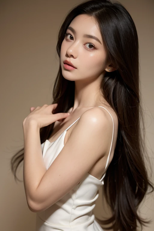 masterpiece, best quality, realistic, 1woman, long hair, broad shoulders, small head, upper body, (white background:1.3), closed mouth