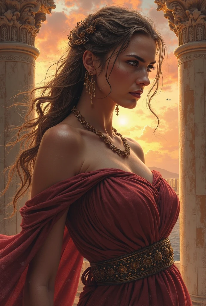 1 greek goddess, Psyche, long wavy hair, half body, art, smug playful face, holding flag