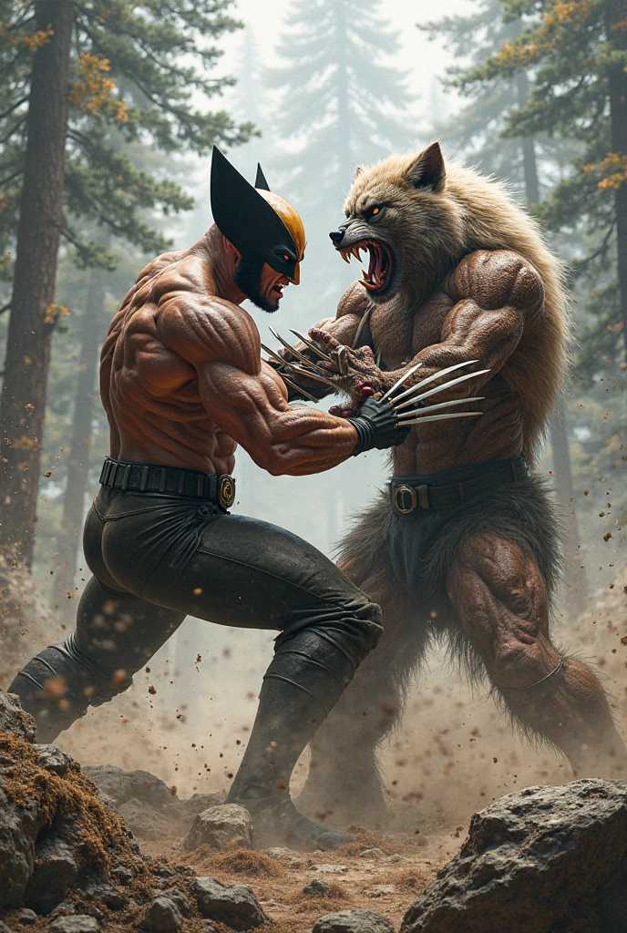 A fighting humanoid cat and a humanoid raccoon