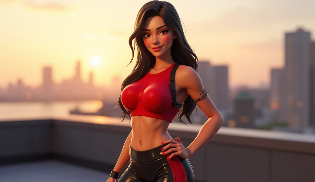 amy, black hair, brown eyes, double bun, black gloves, (red crop top:1.1) ,black sweat pants, midriff, navel, standing, smiling, outdoors, solo, (best quality, masterpiece, beautiful and aesthetic:1.2, highest detailed face, perfect face,) <lora:amyDL2-10v7:0.7>,parted lips,
