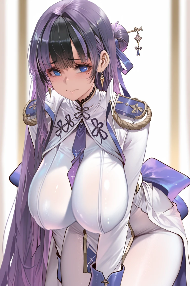 Cute naughty priestess, Pastel colors hair, large breasts, Thighs, (silver hair), blue hair, long hair, (pouted:1,2, blush:1.2), half updo, double bun, (naked:1.3), at the adventurer's guild, A bulletin board with posted paper