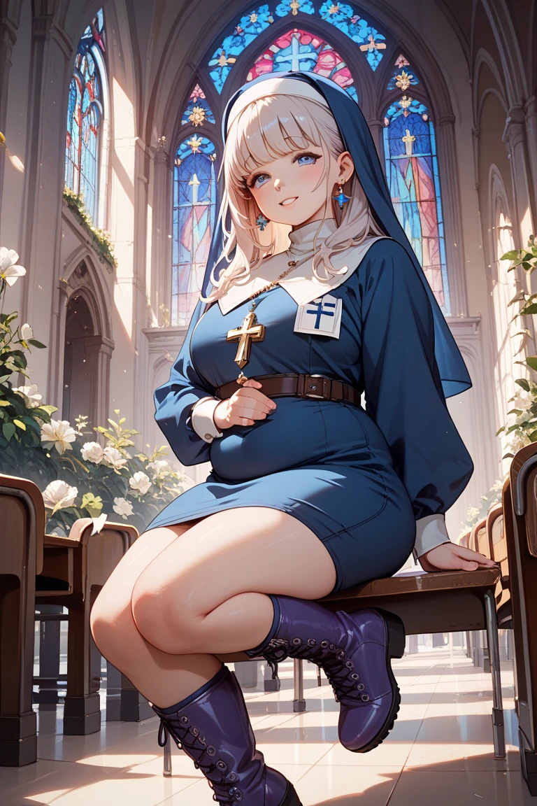 white background:2, <lora:BeastTamer_Mina_by_minion-10:0.7>, mina, blue dress, white dress, habit, cross necklace, holding staff, full body, on one knee, blue sky, grassy field, looking at viewer, 1girl, solo, high contrast, sharp focus, masterpiece, best quality, highly detailed, HDR, highest quality, highres, sharp focus, 8k, 16k, skin pores, dynamic lights, realistic shadows, best shading, award winning masterpiece